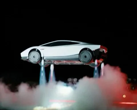 Ein weißer Tesla Roadster schwebt mit sichtbaren Raketendüsen über einer Bühne in einer dunklen Szene.